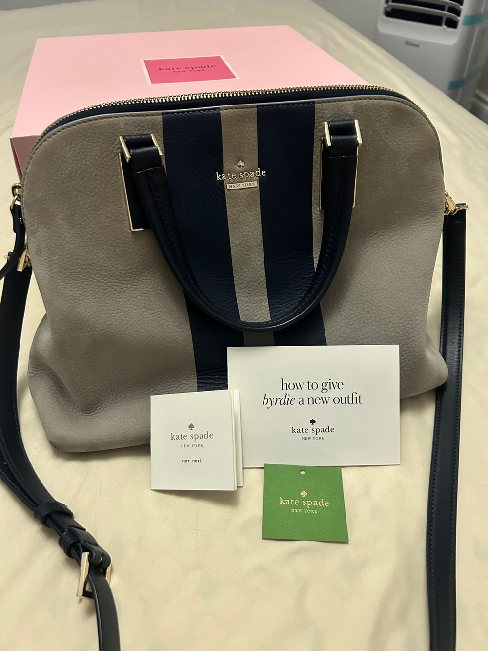 kate spade Gray and Navy Stripe Leather Dome Satchel